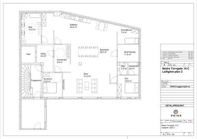 Etasjeplan (leilighetsplan) som viser romfordeling, arealer og funksjoner for leilighet i Nedre Torvgate 14 C.