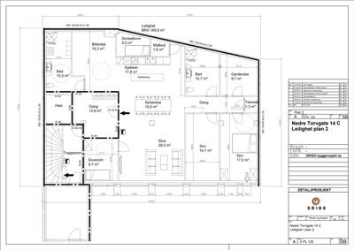 Etasjeplan (plan 2) for leilighet i Nedre Torvgate 14 C, som viser romfordeling, arealer og tekniske detaljer.