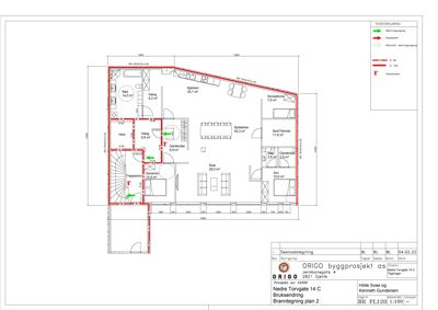 Etasjeplan (branntegning) som viser romfordeling, arealer og teknisk utstyr for et hus.