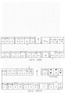 Et håndskrevet etasjeplan (NEDRE PLAN) som viser romnummerering og romnavn for en bygning.