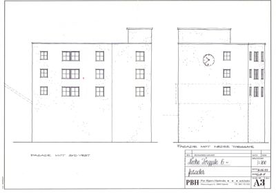 Fasadetegning som viser bygningens utseende fra to sider (sydvest og mot Nedre Torggate).