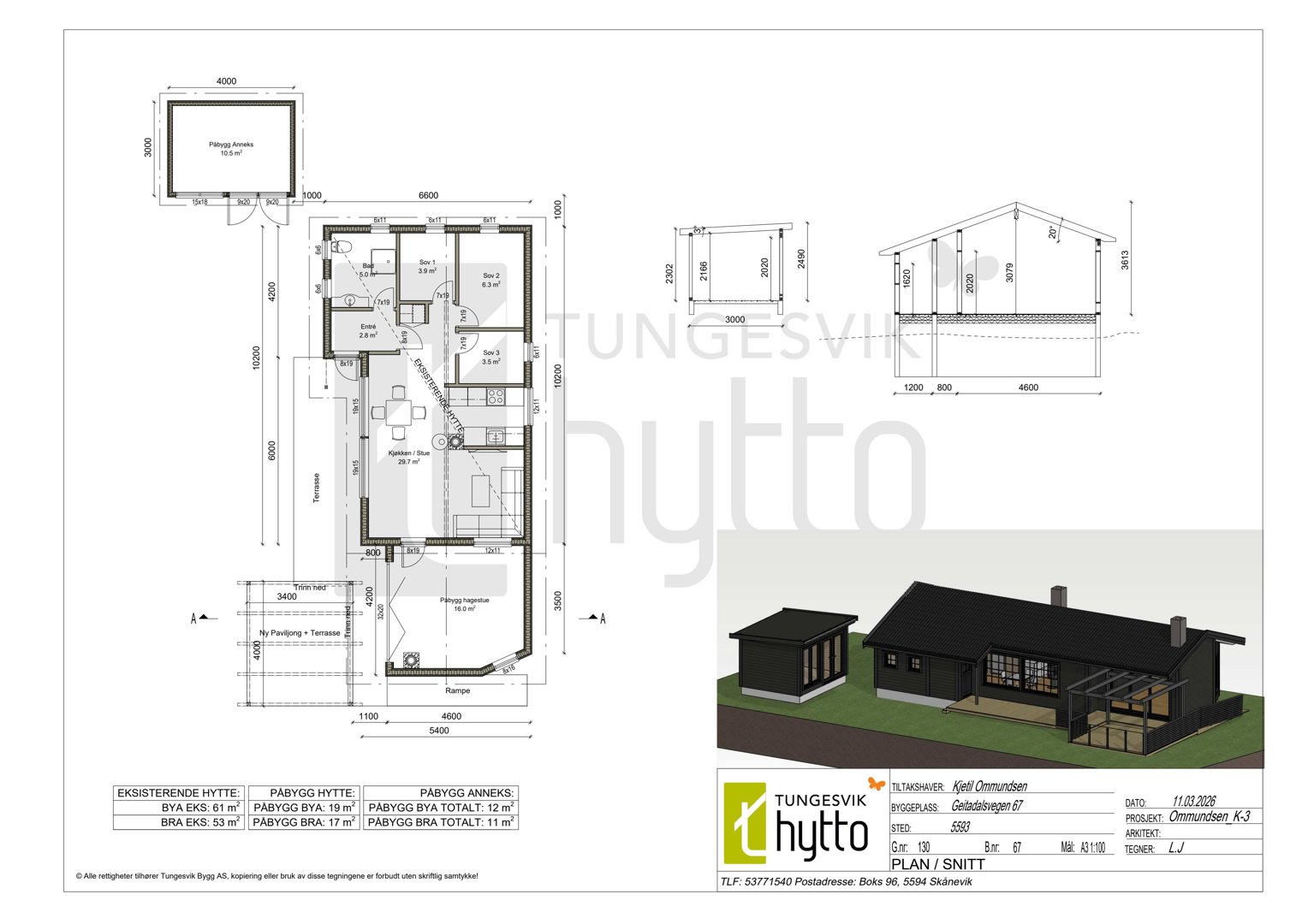 Bildet viser en planlegning (etasjeplan) av en hytte med romfordeling, mål og en 3D-visualisering av fasaden.