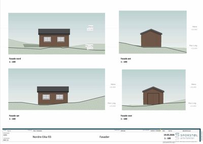 Fasadetegning som viser bygningens utseende fra nord, øst, sør og vest med høydemål.