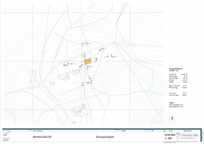 Situasjonsplan som viser tomtens form, konturer, nabolag og plassering av bygninger.