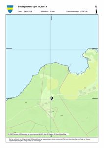 Situasjonskart som viser tomtens beliggenhet i forhold til omgivelsene, med koordinater og nabolag.
