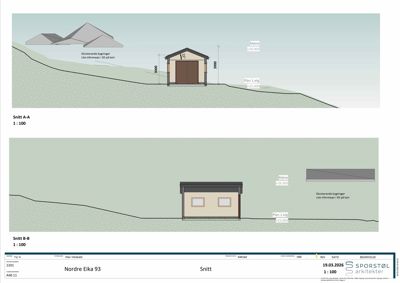 Tegning som viser tverrsnitt gjennom en bygning (Snitt A-A og Snitt B-B) med høydemål og omgivende terreng.