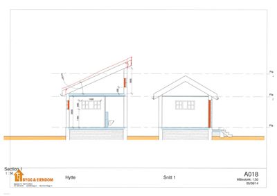 Snittegning (Snitt 1) av en hytte som viser høyder, takhøyde og innvendig oppdeling.