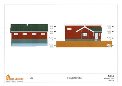 Fasadetegning (opprikk) av en hytte sett fra nord/sør, med høydeangivelser og planreferanser.