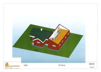 3D-visualisering av en hytte med grønt tak og gul takflate, sett fra en vinkel.