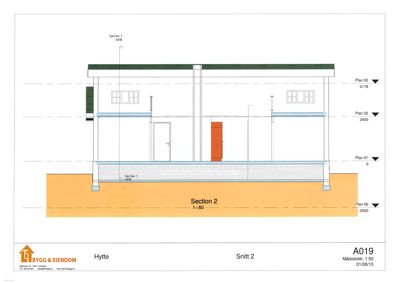 Snittegning (Snitt 2) av en hytte som viser konstruksjonen, høyder og grunnforhold.