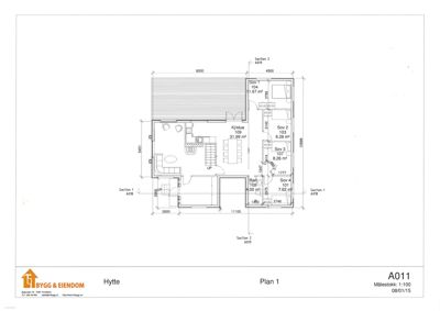 Etasjeplan (Plan 1) for en hytte som viser romfordeling, mål og areal.
