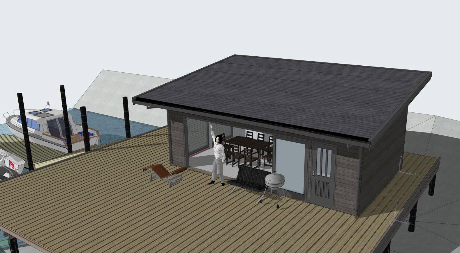 3D-visualisering av en hytte på en pirog med en båt i nærheten.