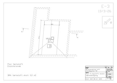 Plantegning av eksisterende tørkeloft (Plan 5 etg) med angitte mål og romoppdeling.
