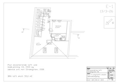 Plantegning av et eksisterende loft (5. etasje) med romfordeling, arealer og plassering av dører og vinduer.