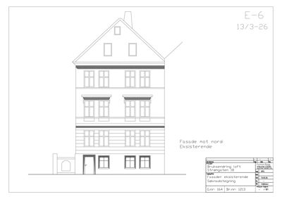 Fasadetegning av eksisterende bygning (Strengaten 18) sett fra nord.