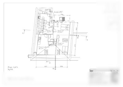 Etasjeplan (loft) som viser romfordeling, mål og funksjoner for et nytt loft i en eksisterende bygning.