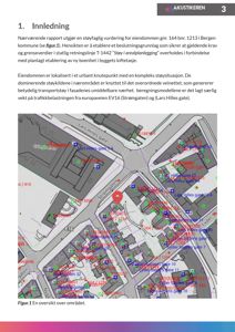 Kart over et område med bygninger, gater og støydata.