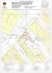 Situasjonsplan (basiskart) som viser eiendomsgranser, nabobygninger, veier og topografi for et område i Bergen.