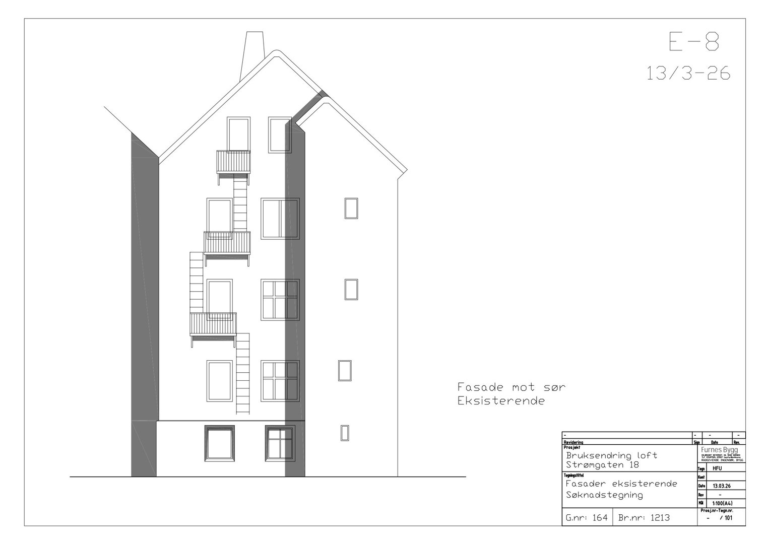 Fasadetegning som viser bygningens utseende sett fra sør, med markerte eksisterende deler.