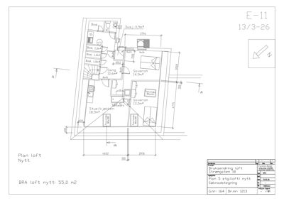 Etasjeplan (loft) som viser romfordeling, mål og funksjoner for et nytt loft i en eksisterende bygning.