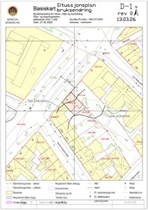 Situasjonsplan (basiskart) som viser eiendomsgranser, nabobygninger, veier og topografi for et område i Bergen.
