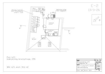 Etasjeplan (loft) som viser romfordeling, arealer og endringer i et eksisterende hus.