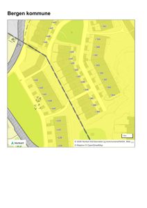 Kart over Bergen kommune som viser eiendomsnummer og vegnett.
