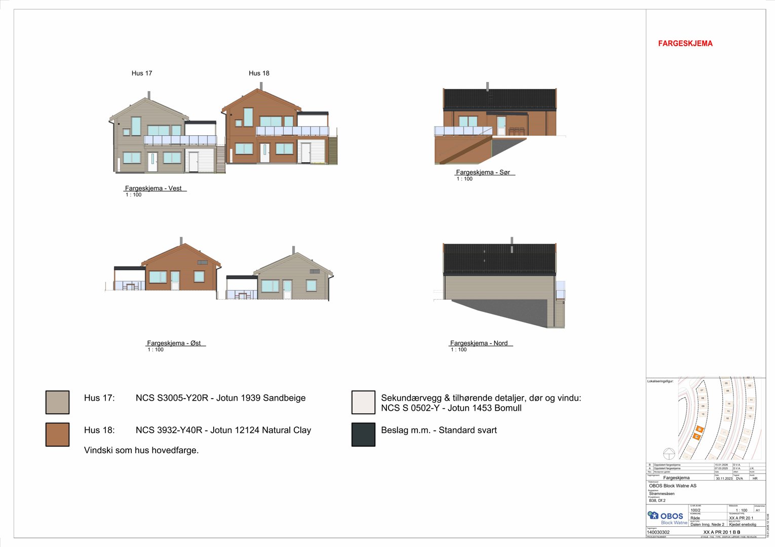 Fargeskjema for fasader på to hus (Hus 17 og Hus 18) med oppriss av alle fire sider (Vest, Øst, Sør, Nord) og fargekode for materialer.