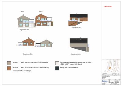 Fargeskjema for fasader på to hus (Hus 17 og Hus 18) med oppriss av alle fire sider (Vest, Øst, Sør, Nord) og fargekode for materialer.