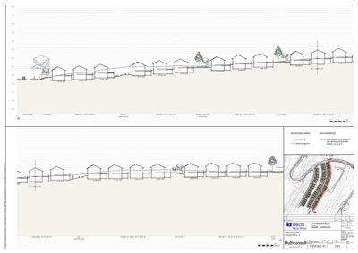 Fasadetegning som viser oppriss av en rekke hus sett fra siden, med høydemål og terrengforhold.