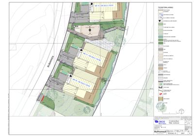 Situasjonsplan som viser tomtens grenser, bebyggelse, vegnett, grøntarealer og vannveier.