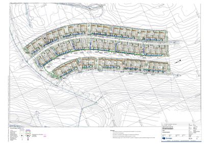 Situasjonsplan som viser plassering av en rekkehusbebyggelse (Strømneslia) i forhold til terrenget (konturlinjer), veier og infrastruktur.