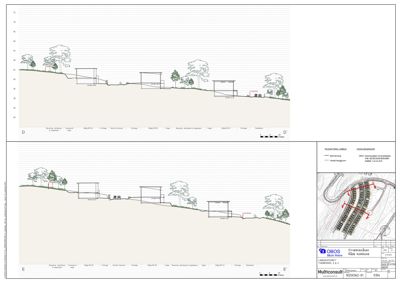 Snittegning som viser bygningenes høyde i forhold til terrenget og hverandre.
