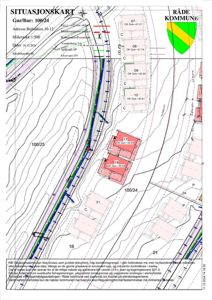 Situasjonskart som viser eiendommen Gnr/Bnr 100/24 med naboeiendommer, vegforhold og kommunale grenser.