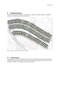 En situasjonsplan som viser plassering av 58 nye eneboliger på et kupert terreng, inkludert topografi og veioppdeling.