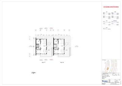 Etasjeplan (1. etasje) som viser romfordeling og plassering for to boliger (Hus 17 og Hus 18).