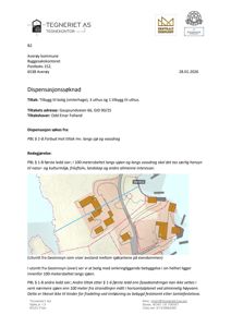 Et utsnitt fra Geonnsyn som viser eiendommen, nabobebyggelse og 100-metersbeltet langs sjøen og vassdraget.