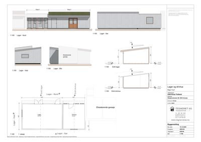 Fasadetegning og snittegning for et lager- og drivhusanlegg, inkludert eksisterende garasje.