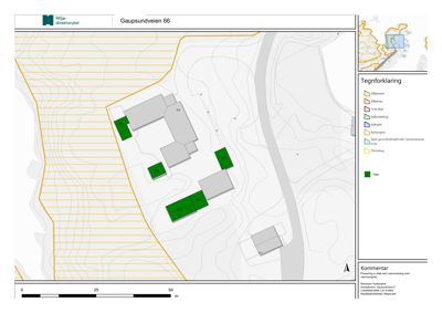 Situasjonsplan for Gaupsundveien 6 som viser tomtens form, konturer, bebyggelse (grå felter) og arealbruk (grønne felter).