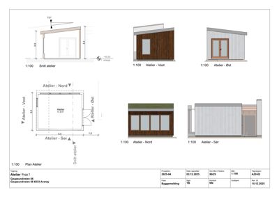 En tegning som viser etasjeplan for en atelier (Plan Atelier) samt snitt og fasadeopprikk for samme bygning.