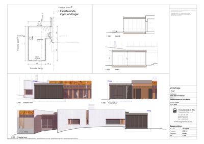 Fasadetegning som viser oppriss av bygningens ytre utseende fra fire ulike vinkler (Nord, Sør, Vest, Øst) med mål og detaljer.