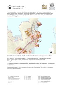 Kartutsnitt (situasjonsplan) som viser et geografisk område med topografi, veier og flere bygninger markert med røde sirkler.