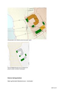 Bildet viser to situasjonsplaner. Den øverste viser plassering av tiltakene (grønt) i forhold til eksisterende bygninger (brunt) og kystlinjen. Den nedre viser plassering i forhold til et kystlyng-område. Begge planene er viktige for å forstå bygningens kontekst.