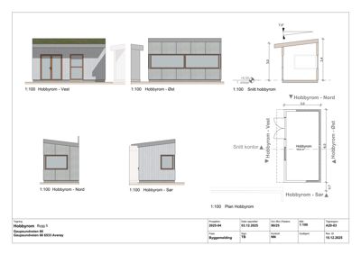 Fasadetegning som viser utsiden av en bygning (Hobbyrom) fra fire sider (Vest, Øst, Nord, Sør) samt et snitt og en plan.
