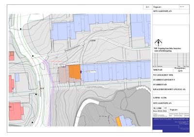 Situasjonsplan som viser bygningens plassering i forhold til veier, naboeiendommer og terrengforhold.