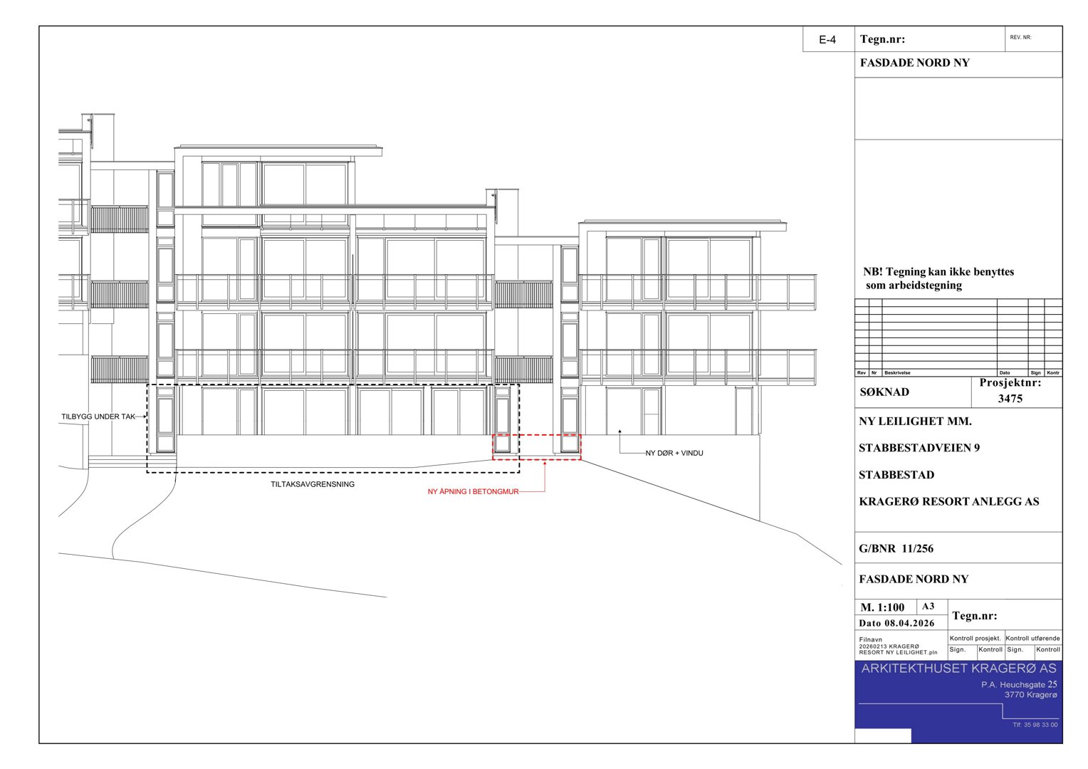 Fasadetegning som viser bygningens utseende sett fra nord, med detaljer om vinduer, balkonger og konstruksjon.