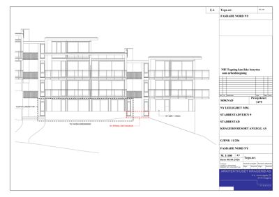 Fasadetegning som viser bygningens utseende sett fra nord, med detaljer om vinduer, balkonger og konstruksjon.
