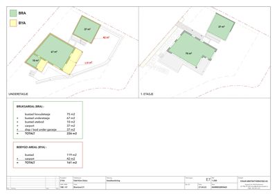 Etasjeplaner (underetasje og 1. etasje) med arealoppdelinger (BRA/BEY) og bygningsspor.
