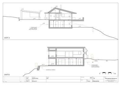 Snittegning (Snitt A og Snitt B) som viser tverrsnitt gjennom huset, høyder, terrengforhold og konstruksjon.