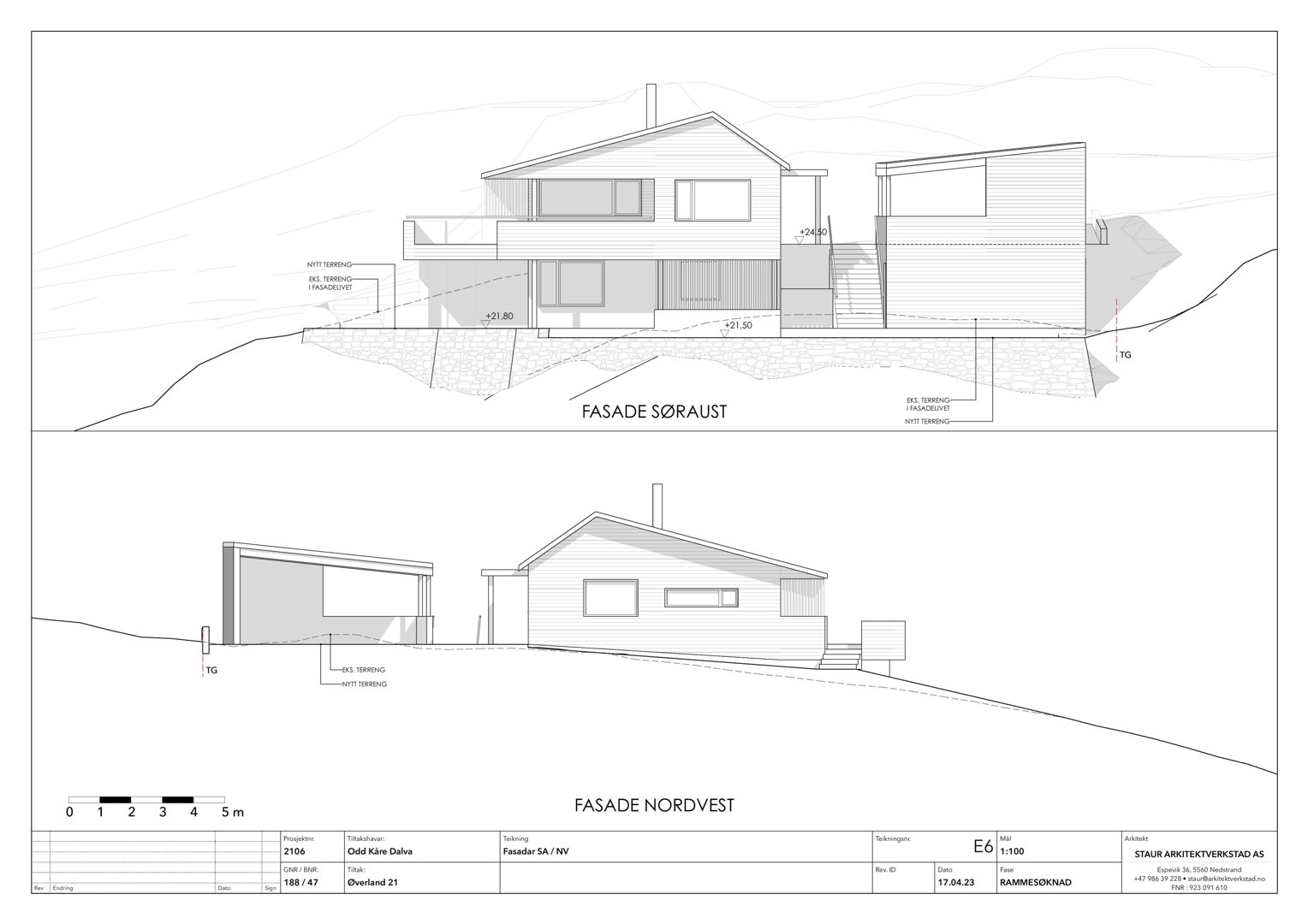 Fasadetegning som viser bygningens utseende fra to vinkler (søraust og nordvest) med høydemål og terrengforhold.